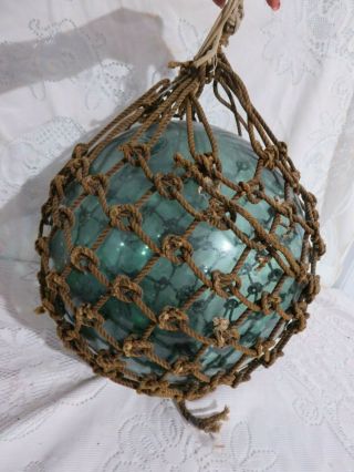 Large Vintage Japanese Glass Fishing Float Ball Blue Green W/ Netting 13 1/2 " D