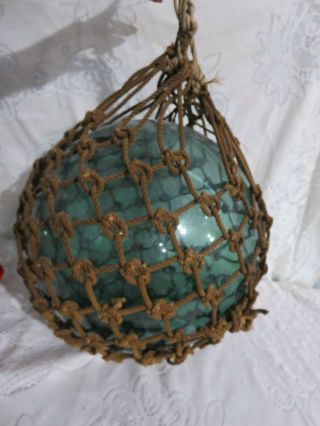 Large Vintage Japanese Glass Fishing Float Ball Blue Green w/ Netting 13 1/2 