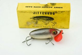 Vintage Fred Arbogast Plastic Lip Wwii Jitterbug Lure Box Silver Scale Je4