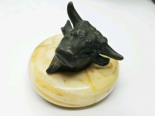Antique / Vintage Cast Bronze Steer Cow Bull Paperweight On Marble Base