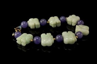 Vintage Chinese Carved Green Jade Elephant Lavender Beads Gf Bracelet A67628