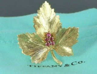Estate Vintage Collectible Tiffany & Co 18k Yellow Gold Red Ruby Leaf Pin Brooch