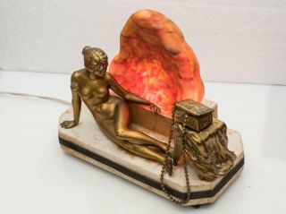 Antique Art Deco,  Boudoir Lamp Nude Woman Nouveau Gold Statue & Czech Fire Glass