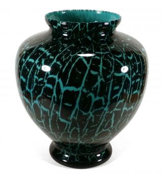 Large Vintage Art Deco Czech Bohemian Turquoise Blue Black Glass Vase Kralik