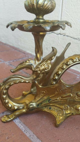 Antique Vintage Pair Brass Dragon Phoenix Candle Holder Candlesticks