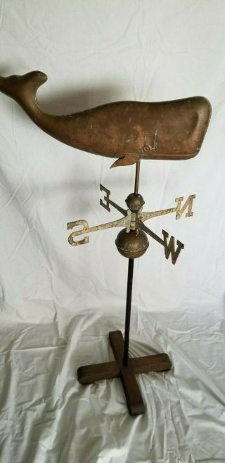 Vintage Whale Weather Vane With Directionals And Stand.