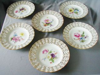 Fabulous Set Of 6 Antique Meissen Reticulated,  Gilded Plates / Flowers / Insects