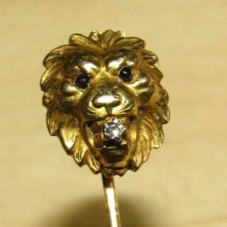 Antique Victorian 14k Solid Gold Diamond Figural Lion Head Stick Pin Leo Signed