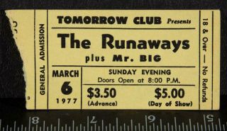 Vintage The Runaways Ticket Stub March 6 1977 Youngstown Tomorrow Club Tob