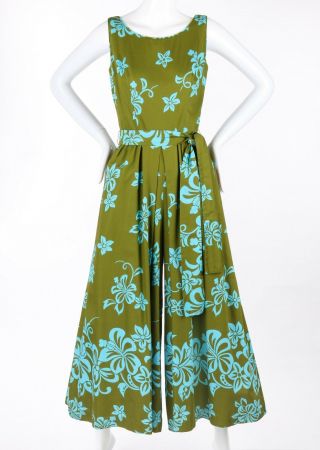 WALTAH CLARKE ' S HAWAIIAN SHOP c.  1960 ' s Olive Green & Turquoise Floral Jumpsuit 2