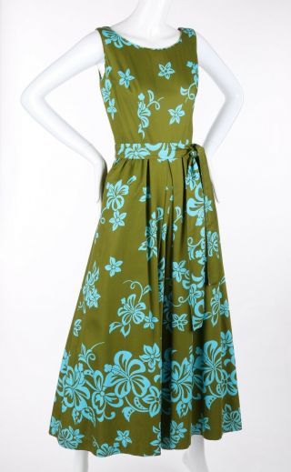 WALTAH CLARKE ' S HAWAIIAN SHOP c.  1960 ' s Olive Green & Turquoise Floral Jumpsuit 3