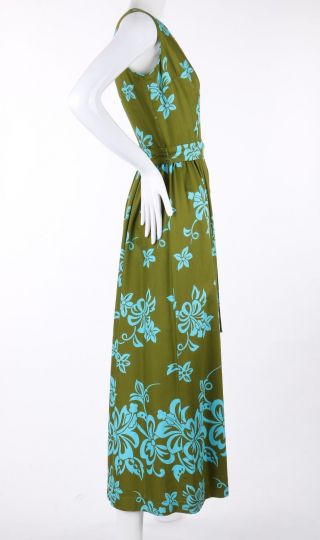 WALTAH CLARKE ' S HAWAIIAN SHOP c.  1960 ' s Olive Green & Turquoise Floral Jumpsuit 4