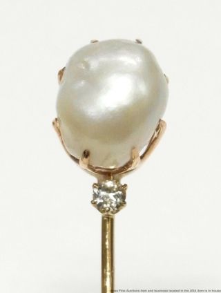Rare Gia Huge 12mm Natural Mississippi River Pearl Diamond 14k Gold Antique Pin