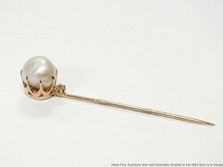 Rare GIA Huge 12mm Natural Mississippi River Pearl Diamond 14k Gold Antique Pin 4