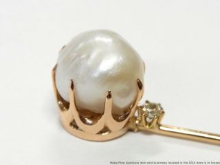 Rare GIA Huge 12mm Natural Mississippi River Pearl Diamond 14k Gold Antique Pin 5
