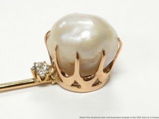Rare GIA Huge 12mm Natural Mississippi River Pearl Diamond 14k Gold Antique Pin 6