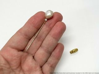 Rare GIA Huge 12mm Natural Mississippi River Pearl Diamond 14k Gold Antique Pin 9