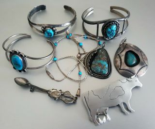 Vintage Group Of Turquoise Stone Bracelets & Pendants,  Jj Cow Pin