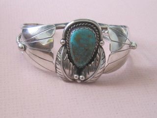 Vintage Old Pawn Navajo Signed Sterling Silver & Turquoise Stone Cuff Bracelet