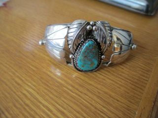 Vintage Old Pawn Navajo Signed Sterling Silver & Turquoise Stone Cuff Bracelet 6