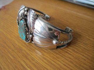 Vintage Old Pawn Navajo Signed Sterling Silver & Turquoise Stone Cuff Bracelet 7