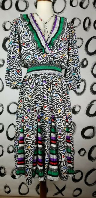 Vintage 80s Diane Freis Susan Dress Zebra Rainbow Print Boho Surplice Neck