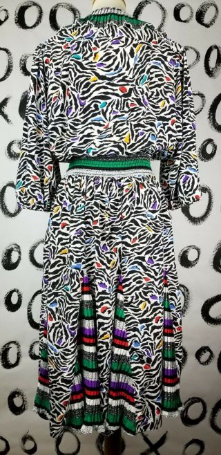 Vintage 80s Diane Freis Susan Dress Zebra Rainbow Print Boho Surplice Neck 3