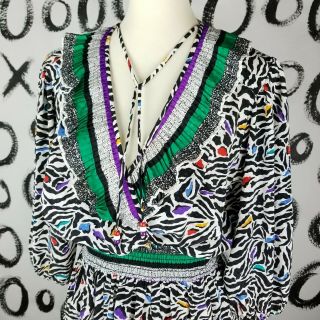 Vintage 80s Diane Freis Susan Dress Zebra Rainbow Print Boho Surplice Neck 4