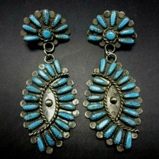 3 " Long Vintage Zuni Sterling Silver Turquoise Needlepoint Cluster Earrings