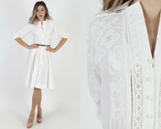 Vintage 50s White Eyelet Dress Floral Embroidered Wedding Pinup Full Skirt Mini