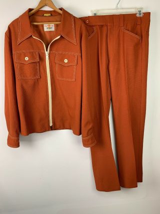 Vintage 60s 70s Jaymar Burnt Orange Two Pc Leisure Suit Mens 42 Coat Pants Disco
