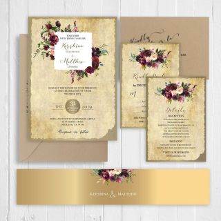 Vintage Wedding Invitation Cranberry Burgundy Floral Invitation Set Sc655 (120lb)