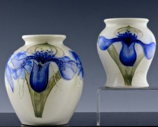 2 Rare Vintage Salt Glaze White Ground Orchid Pattern Moorcroft Pottery Vases