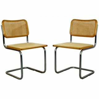 Mid Century Modern Pair Cantilever Chrome Rattan Side Chairs Breuer 1970s Italy