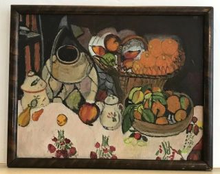 Vintage Fruit Pottery Still Life Oil Painting Mystery Artist 16.  5”x 13.  25”framed