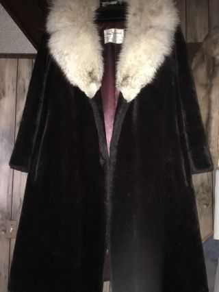 Vintage Black Fleece Full Length Coat Fox Fur Collar Medium