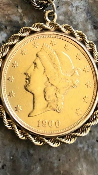 1900 14k Gold Antique Liberty $20 Twenty Dollar Gold Coin Rope Bezel Pendant