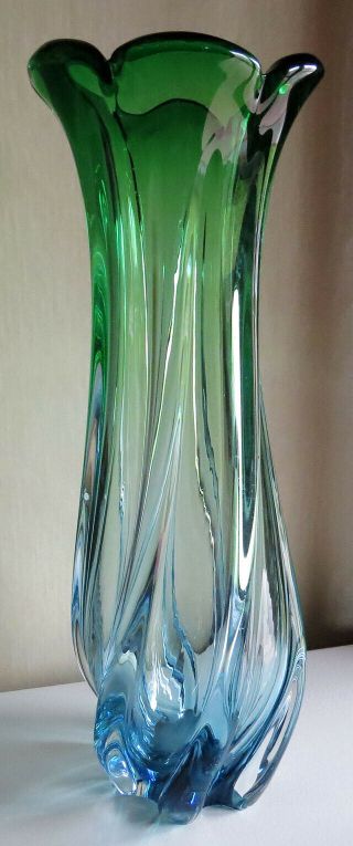 Vintage Tall Art Glass Murano 16.  5 " Green - Blue Twisted Ribbed Swirl Vase Italy