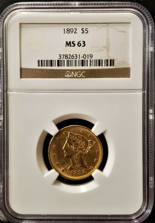1892 Gold $5 Liberty Head Half Eagle Ngc Ms 63 Ms63 Rarity 5.  4 - Rare - Wow