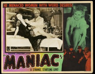 1934 Exploitation Horror Film Maniac Rare Vintage Lobby Card Cult Flick