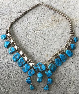 Vintage Navajo Jefferson Abeyta Sterling Turquoise Squash Blossom Necklace