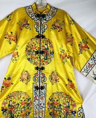 Vintage 60s Bai Hua Hand Embroider Chinese Robe Figural Yellow Flapper 20s Styl 2