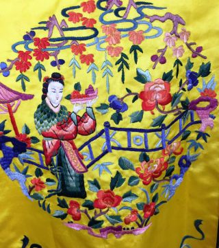 Vintage 60s Bai Hua Hand Embroider Chinese Robe Figural Yellow Flapper 20s Styl 4