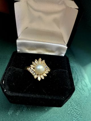 Vintage 14k Yellow Gold Pearl & Diamond Retro Cocktail Ring 4.  2g (estate) 6.  5