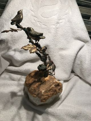 Vintage Antique Rare Curtis C Jere Birds Tree Bronze Onyx Base Sculpture Figure