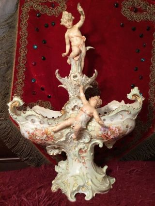Antique 19th C Dresden Style Porcelain Centerpiece Bowl Cherubs 17.  5 " X 13 3/8 "