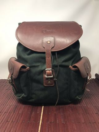 Orvis Battenkill Backpack Green Canvas Brown Leather Shoulder Travel Bag Vintage