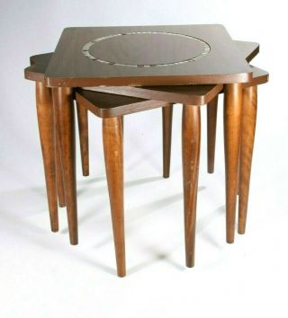 Vintage Mid Century Modern 3 Pc Round Formica Tile Inlay Stacking Nesting Tables