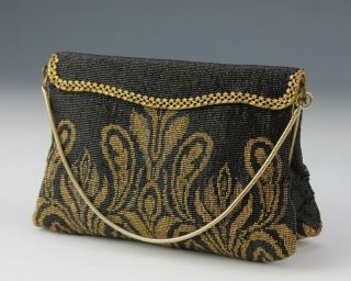 Antique France French Micro Gold & Black Glass Seed Beaded Evening Purse Bag Sms