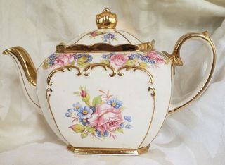Vintage Sadler Cube Teapot Flowers Roses Gold Trim Made England 2031